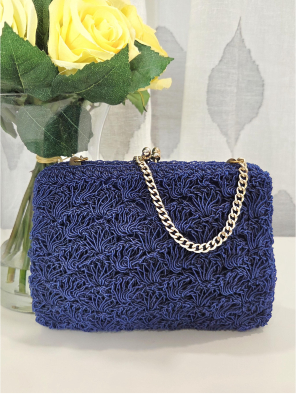 Vintage Cobalt Blue Evening Clutch, Artel Japan, Twisted Cord, Gold Chain